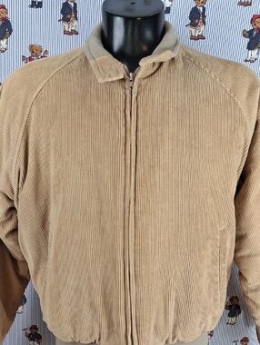 Vintage Corduroy Tan & Blue Plaid Lining Full Zip Lrg Puffy 3 Pocket Bomber Coat